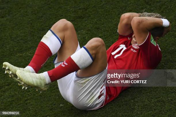Denmark's defender Jens Stryger Larsen reacts to a challenge during the Russia 2018 World Cup Group C football match between Denmark and France at...