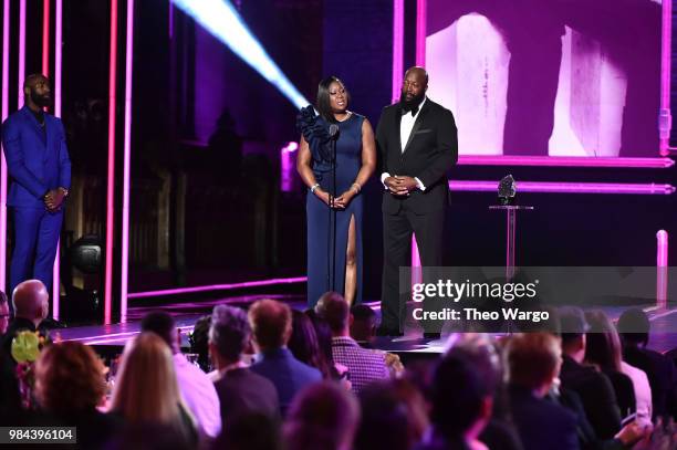 Honorees Sybrina Fulton and Tracy Martin celebrate on stage during VH1 Trailblazer Honors 2018 at The Cathedral of St. John the Divine on June 21,...