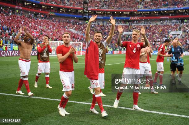 Denmark players acknowledge the fans following the 2018 FIFA World Cup Russia group C match between Denmark and France at Luzhniki Stadium on June...