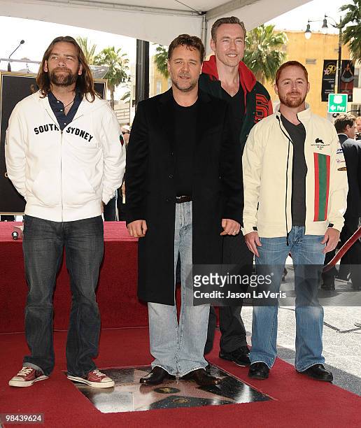 Actors Russell Crowe, Kevin Durand, and Scott Grimes attend Russell Crowe's induction into the Hollywood Walk Of Fame on April 12, 2010 in Hollywood,...