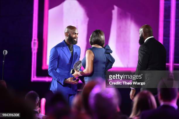 Presenter, Football safety Malcolm Jenkins accepts his award on stage during VH1 Trailblazer Honors 2018 at The Cathedral of St. John the Divine on...