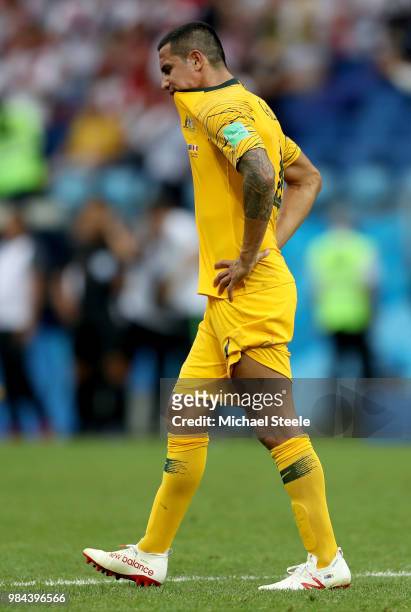 Tim Cahill of Australia looks dejected following his sides defeat in the 2018 FIFA World Cup Russia group C match between Australia and Peru at Fisht...
