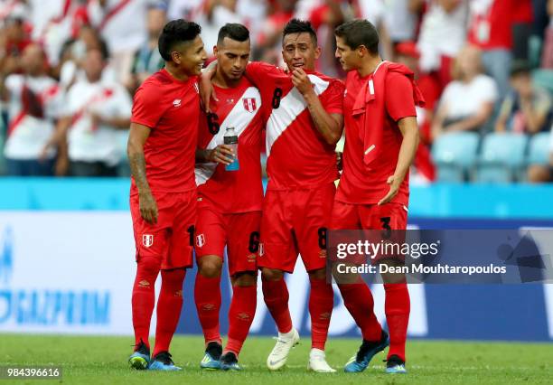 Peru players react after the 2018 FIFA World Cup Russia group C match between Australia and Peru at Fisht Stadium on June 26, 2018 in Sochi, Russia.