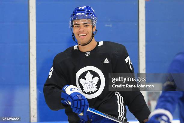 Greenway smiles at the start of training at the Leafs training facility in Etobicoke. June 26, 2018.