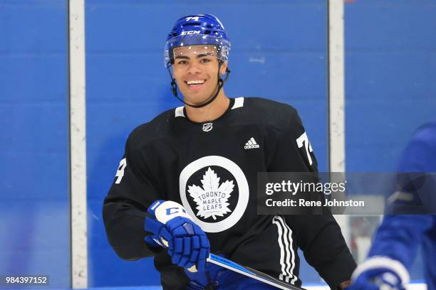 Greenway smiles at the start of training at the Leafs training facility in Etobicoke. June 26, 2018.