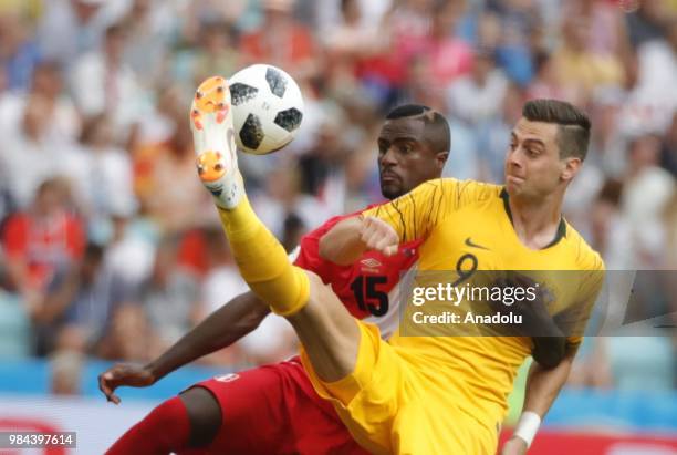 Christian Ramos of Peru in action against Tomi Juric of Australia during the 2018 FIFA World Cup Russia Group C match between Australia and Peru at...