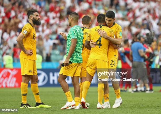 Mile Jedinak, James Meredith, Mark Milligan, Tim Cahill and Tom Rogic of Australia following the 2018 FIFA World Cup Russia group C match between...