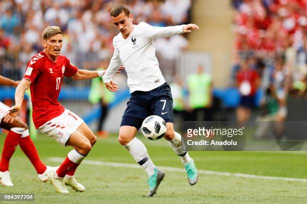 Antoine Griezmann of France in action against Jens Stryger Larsen of Denmark during the 2018 FIFA World Cup Russia Group C match between Denmark and...