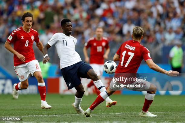 Ousmane Dembele of France in action against Jens Stryger Larsen of Denmark during the 2018 FIFA World Cup Russia Group C match between Denmark and...