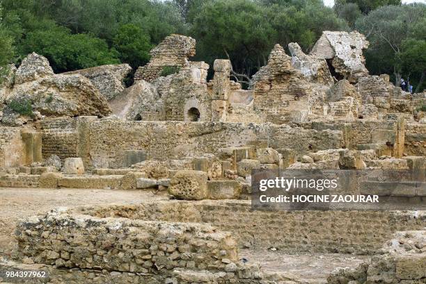 Ruins of a spa into a Roman villa are pictured 14 August 2002 at the historic site of Tipasa. On he Shores of the Mediterranean, Tipasa was an...