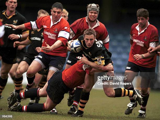 Paul Sampson of Wasps is stopped by Phil Vickery of Gloucester during the match between London Wasps and Gloucester in the Zurich Championship Play...