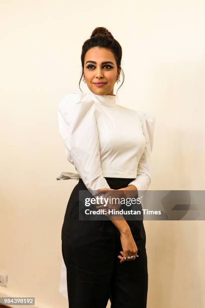 Bollywood actress Swara Bhaskar during the promotion of her upcoming movie ' Veere Di Wedding' at Le Meridien Hotel on May 25, 2018 in New Delhi,...