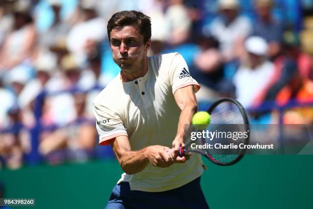 Gilles Simon of France in action during his mens singles match against Leonardo Mayer of Argentina during Day Five of the Nature Valley International...