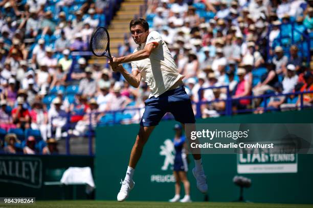 Gilles Simon of France in action during his mens singles match against Leonardo Mayer of Argentina during Day Five of the Nature Valley International...