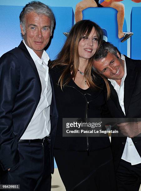 Actors Franck Dubosc, Mathilde Seigner and Richard Anconina attend the Premiere of "Camping 2" at Cinema Gaumont Opera on April 13, 2010 in Paris,...