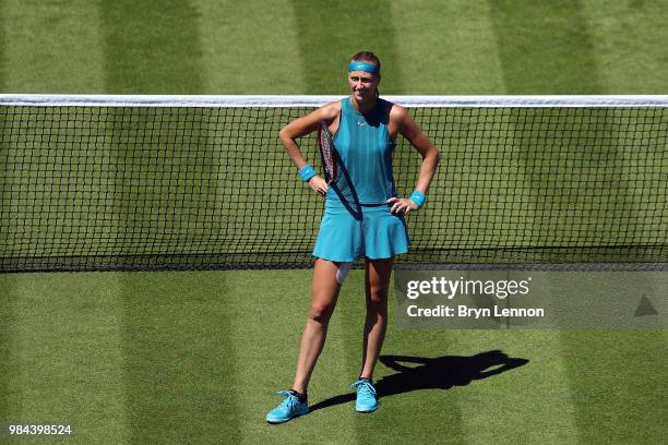 Petra Kvitova of the Czech Republic looks on during her match against Kateryna Bondernko of the Ukraine on day five of the Nature Valley...