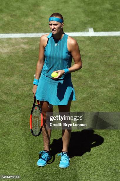 Petra Kvitova of the Czech Republic looks on during her match against Kateryna Bondernko of the Ukraine on day five of the Nature Valley...