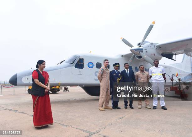 Minister of External Affairs Sushma Swaraj with Seychelles President Danny Antoine Rollen Faure during the handing over of a Dornier aircraft at...