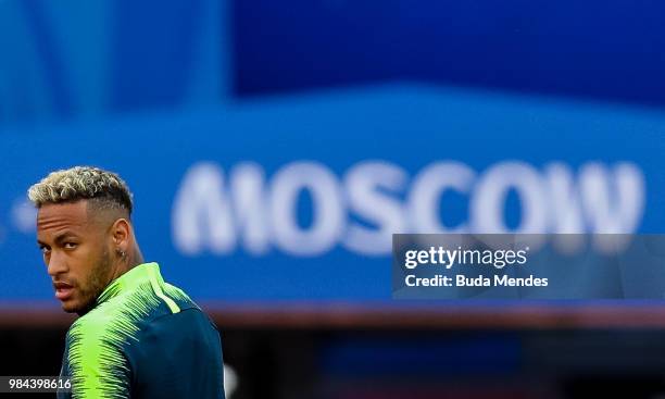 Neymar Jr looks on during a Brazil training session and press conference ahead of the Group E match against Serbia at Spartak Stadium on June 26,...