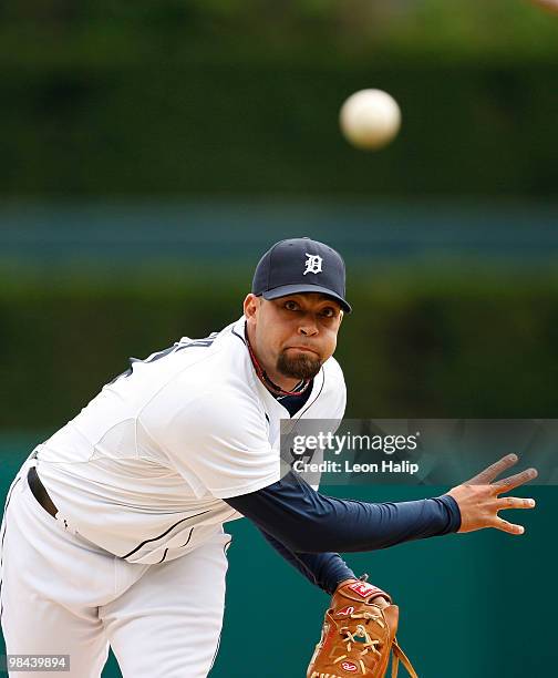 Joel Zumaya of the Detroit Tigers pitches against the Kansas City Royals in the seventh inning on April 13, 2010 at Comerica Park in Detroit,...