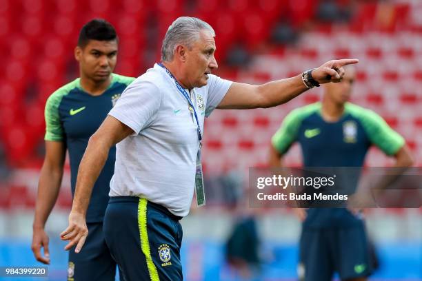 Head coach Tite in actionsduring a Brazil training session and press conference ahead of the Group E match against Serbia at Spartak Stadium on June...