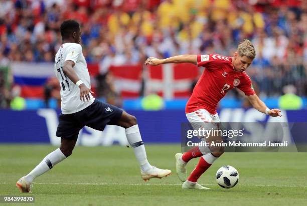 Osmane Dembele of France and Jens Stryger Larsen of Denmark in action during the 2018 FIFA World Cup Russia group C match between Denmark and France...