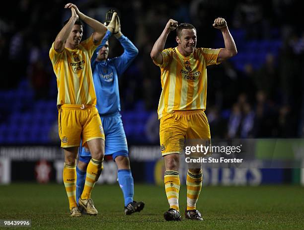 Newcastle United player Kevin Nolan celebrates at the end of the Coca-Cola Championship game between Reading and Newcastle United at the Madejski...