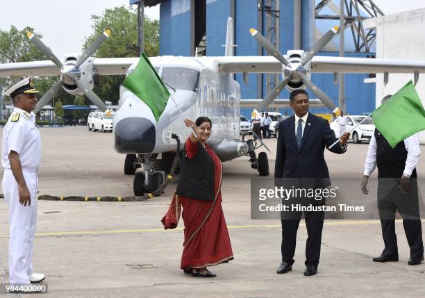 Minister of External Affairs Sushma Swaraj with Seychelles President Danny Antoine Rollen Faure during the handing over of a Dornier aircraft at...