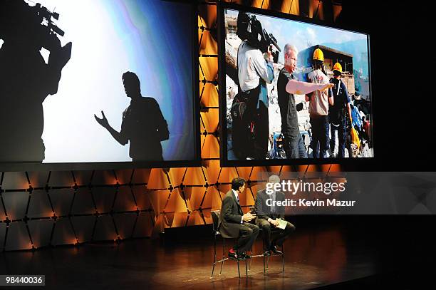 Chief medical correspondent for CNN Sanjay Gupta and CNN's Anderson Cooper speak onstage at CNN + HLN Newsmakers 2010 at Jazz at Lincoln Center on...