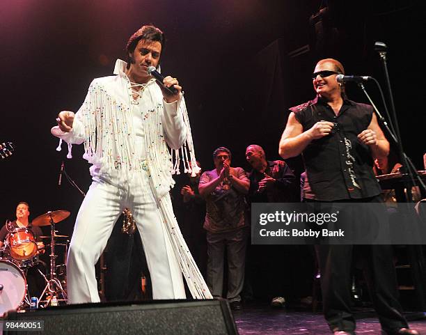 Elvis impersonator Robert Sullivan and Killer Joe perfom at the "New Rat Pack Review" at the Gramercy Theatre on April 12, 2010 in New York City.