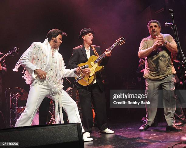 Elvis impersonator Robert Sullivan and Vincent Pastore perfom at the "New Rat Pack Review" at the Gramercy Theatre on April 12, 2010 in New York City.