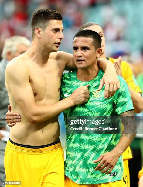 Tomi Juric and Tim Cahill of Australia shows appreciation to the fans prior to the 2018 FIFA World Cup Russia group C match between Australia and...
