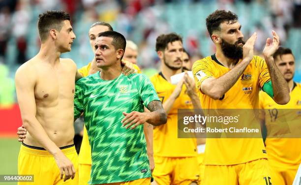 Tomi Juric, Tim Cahill and Mile Jedinak of Australia shows appreciation to the fans prior to the 2018 FIFA World Cup Russia group C match between...