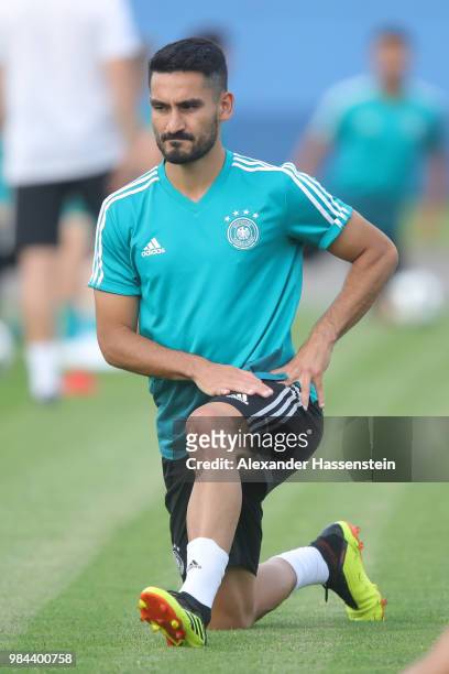 Ilkay Guendogan of Germany stretches during a Germany training session at Electron Stadium on June 26, 2018 in Kazan, Russia.