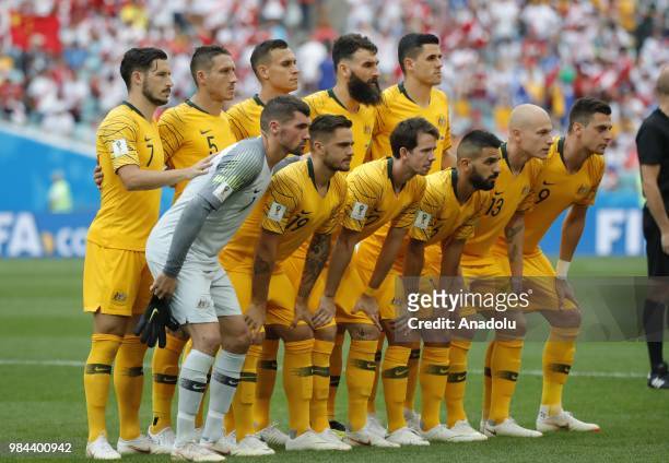Players of Australia pose for a team photo ahead of the 2018 FIFA World Cup Russia Group C match between Australia and Peru at the Fisht Stadium in...
