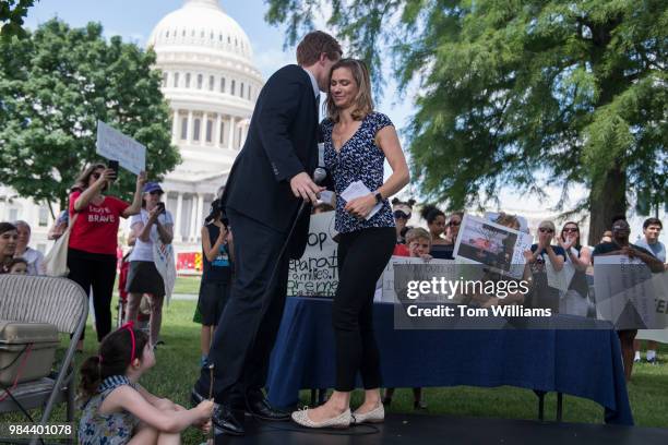 Maeve Kennedy McKean greets Rep. Joe Kennedy, D-Mass., during a rally on the East Front lawn of the Capitol to condemn the separation and detention...