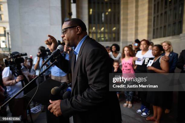 State Rep. Ed Gainey speaks during a protest calling for justice for Antwon Rose II on June 26, 2018 in downtown Pittsburgh, Pennsylvania. Rose was...