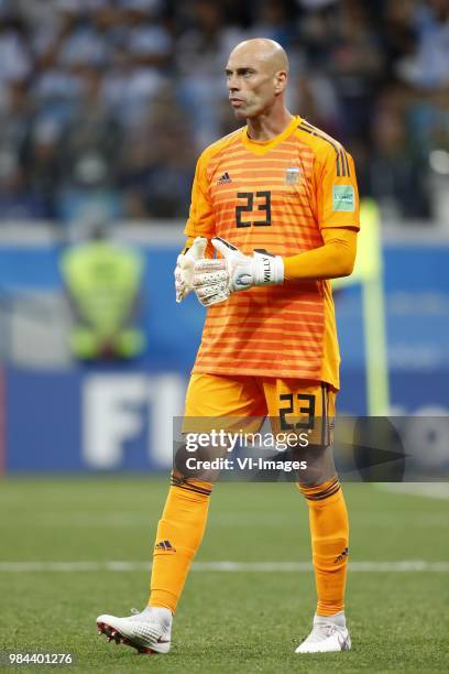 Goalkeeper Willy Caballero of Argentina during the 2018 FIFA World Cup Russia group D match between Argentina and Croatia at the Novgorod stadium on...