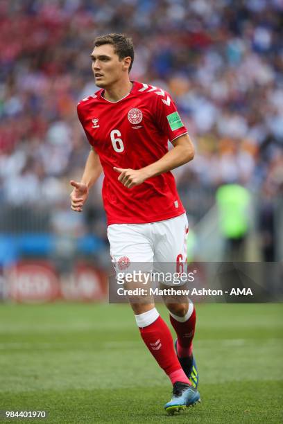 Andreas Christensen of Denmark in action during the 2018 FIFA World Cup Russia group C match between Denmark and France at Luzhniki Stadium on June...