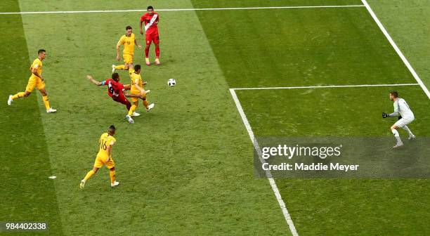 Paolo Guerrero of Peru beats Mark Milligan of Australia to the ball to score his sides second goal during the 2018 FIFA World Cup Russia group C...