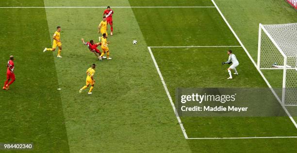 Paolo Guerrero of Peru beats Mark Milligan of Australia to the ball to score his sides second goal during the 2018 FIFA World Cup Russia group C...