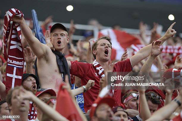 Denmark's fans react at the end of the Russia 2018 World Cup Group C football match between Denmark and France at the Luzhniki Stadium in Moscow on...