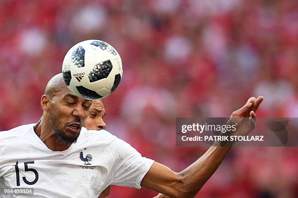 France's midfielder Steven N'Zonzi heads the ball during the Russia 2018 World Cup Group C football match between Denmark and France at the Luzhniki...