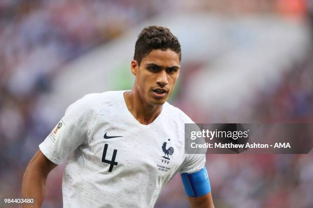 Raphael Varane of France in action during the 2018 FIFA World Cup Russia group C match between Denmark and France at Luzhniki Stadium on June 26,...