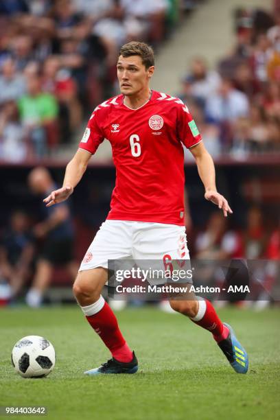 Andreas Christensen of Denmark in action during the 2018 FIFA World Cup Russia group C match between Denmark and France at Luzhniki Stadium on June...