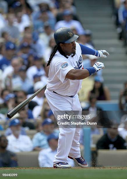 Manny Ramirez of the the Los Angeles Dodgers hits a lead off home run in the fourth inning against the Arizona Diamondbacks on April 13, 2010 at...