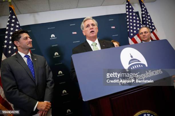 House Majority Leader Kevin McCarthy , flanked by Speaker of the House Paul Ryan and House Majority Whip Rep. Steve Scalise , speaks with reporters...