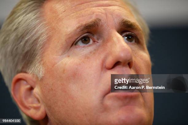 House Majority Leader Kevin McCarthy speaks with reporters during a news conference following a House Republican conference meeting June 26, 2018 on...