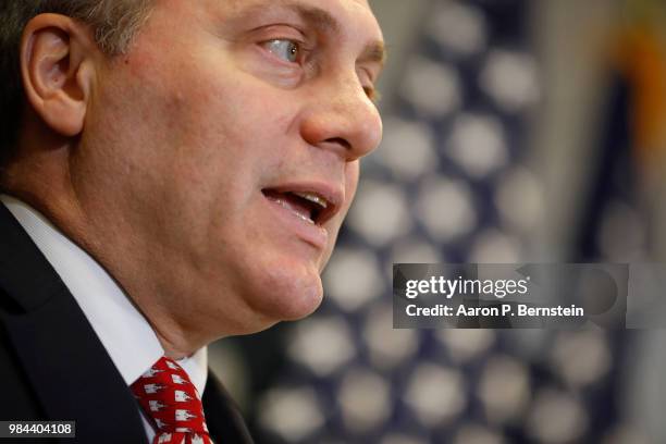 House Majority Whip Steve Scalise speaks with reporters during a news conference following a House Republican conference meeting June 26, 2018 on...