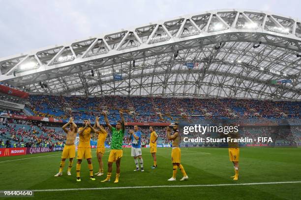 Tomi Juric, Mile Jedinak, Mathew Leckie, Tim Cahill, Danny Vukovic, Jackson Irvine, Aziz Behich and Joshua Risdon of Australia of Australia shows...